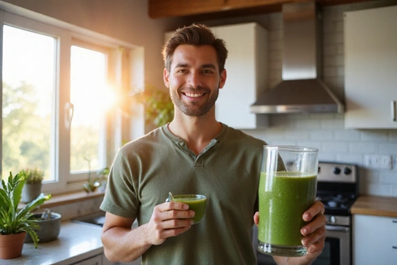 A man drinking a green smoothie, symbolizing men's health and nutrition.