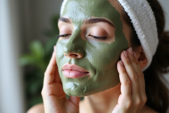 A woman applying a natural face mask, symbolizing skincare routines.