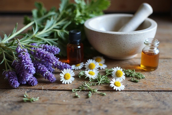Various natural ingredients like herbs, essential oils, and flowers on a wooden table, representing natural living.