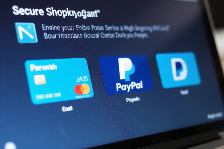 Secure online shopping cart with credit card and PayPal icons, modern e-commerce interface