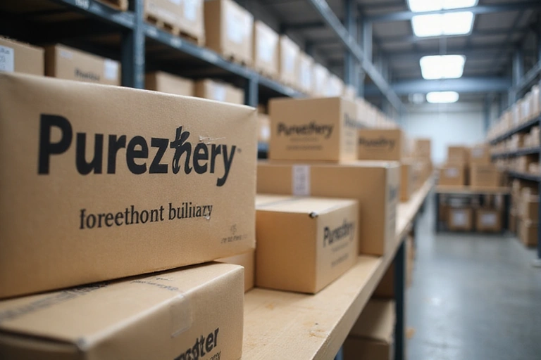 Shipping boxes with Purezthery branding being prepared for delivery, logistics concept