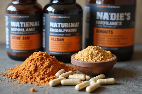 Close-up of natural men's supplements in earthy tones, symbolizing strength and vitality.