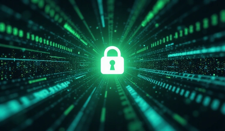 Digital privacy concept with padlock and abstract data flow