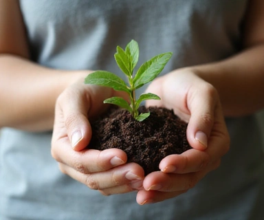 A person holding a small plant in their hands, representing natural and organic products.