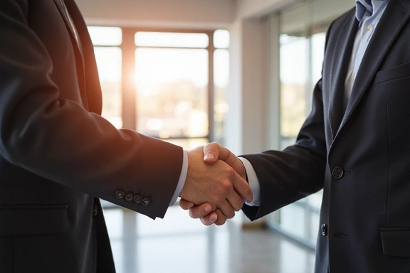 Two people shaking hands, symbolizing partnership and learning about the company.