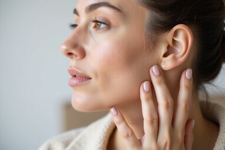 Woman gently applying face cream, natural light, serene expression